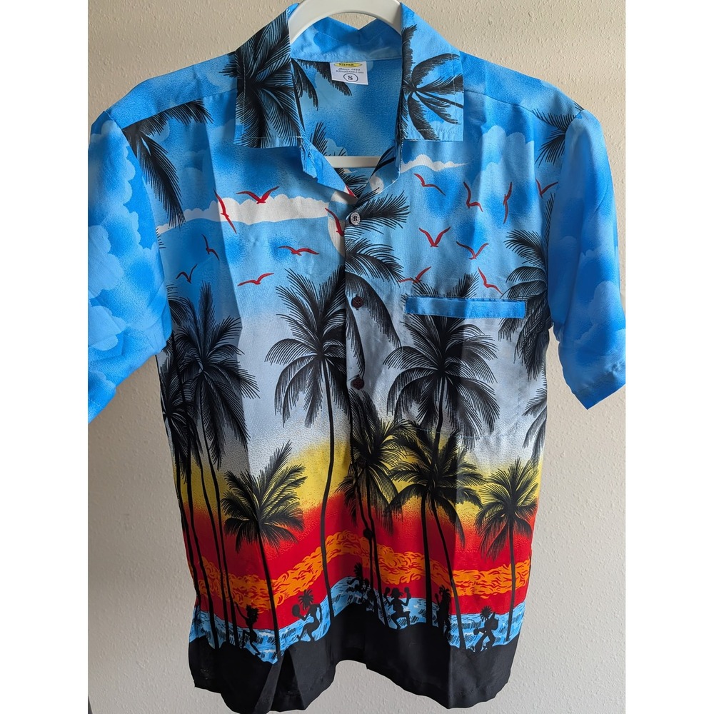 Rima Beachworld Mens Tropical Palm Tree Sunset Hawaiian Shirt Blue Orange‎ Small